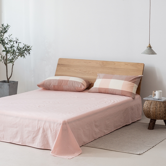 91家纺网 家纺一手货源 找家纺 棉邦 2020新款全棉色织水洗棉四件套日式简约系列 蜜粉大格