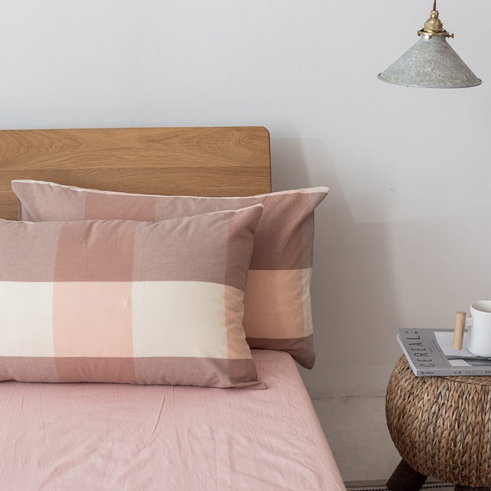 91家纺网 家纺一手货源 找家纺 棉邦 2020新款全棉色织水洗棉四件套日式简约系列 蜜粉大格