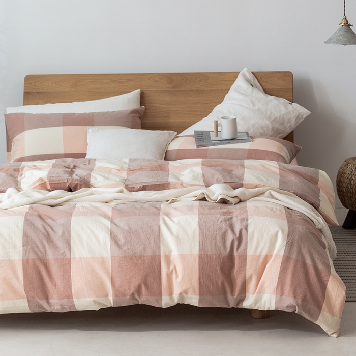 91家纺网 家纺一手货源 找家纺 棉邦 2020新款全棉色织水洗棉四件套日式简约系列 蜜粉大格