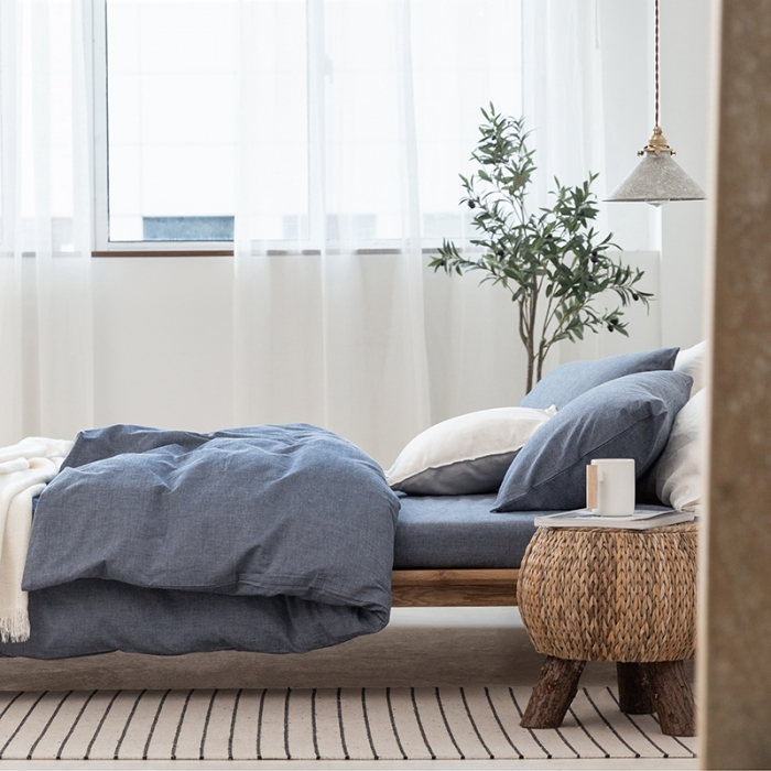 91家纺网 家纺一手货源 找家纺 棉邦 2020新款全棉色织水洗棉四件套日式简约系列 牛仔蓝