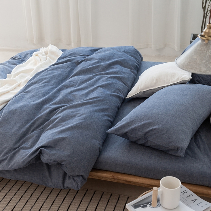 91家纺网 家纺一手货源 找家纺 棉邦 2020新款全棉色织水洗棉四件套日式简约系列 牛仔蓝