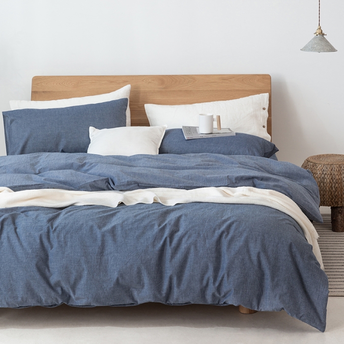 91家纺网 家纺一手货源 找家纺 棉邦 2020新款全棉色织水洗棉四件套日式简约系列 牛仔蓝