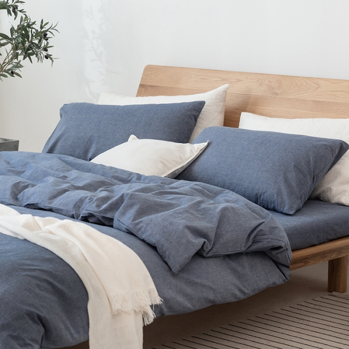 91家纺网 家纺一手货源 找家纺 棉邦 2020新款全棉色织水洗棉四件套日式简约系列 牛仔蓝