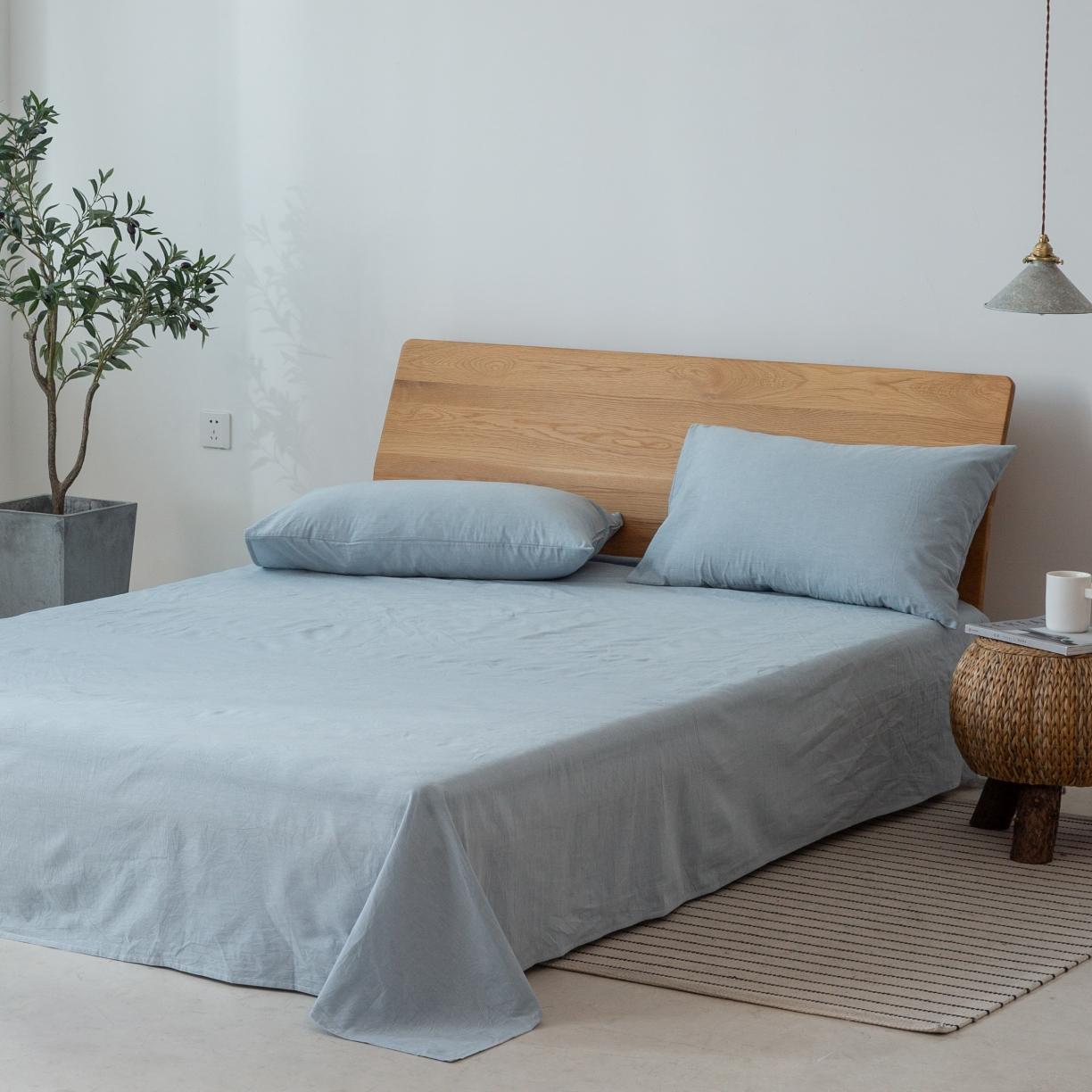 91家纺网 家纺一手货源 找家纺 棉邦 2020新款全棉色织水洗棉四件套日式简约系列 浅天蓝