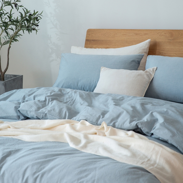 91家纺网 家纺一手货源 找家纺 棉邦 2020新款全棉色织水洗棉四件套日式简约系列 浅天蓝