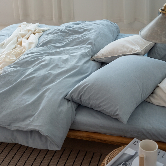 91家纺网 家纺一手货源 找家纺 棉邦 2020新款全棉色织水洗棉四件套日式简约系列 浅天蓝