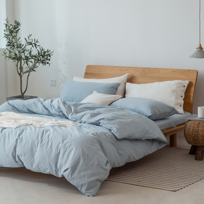 91家纺网 家纺一手货源 找家纺 棉邦 2020新款全棉色织水洗棉四件套日式简约系列 浅天蓝