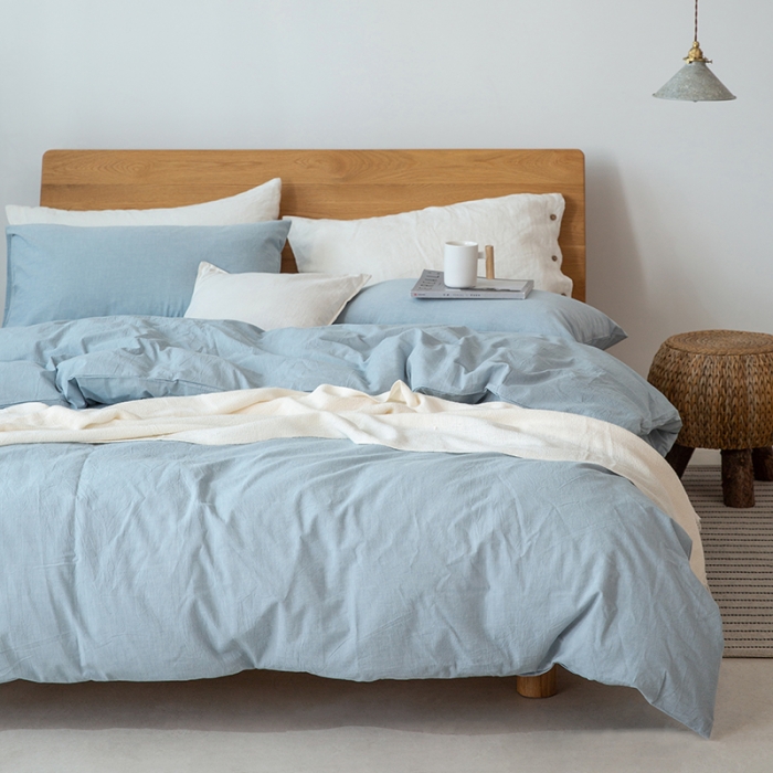 91家纺网 家纺一手货源 找家纺 棉邦 2020新款全棉色织水洗棉四件套日式简约系列 浅天蓝