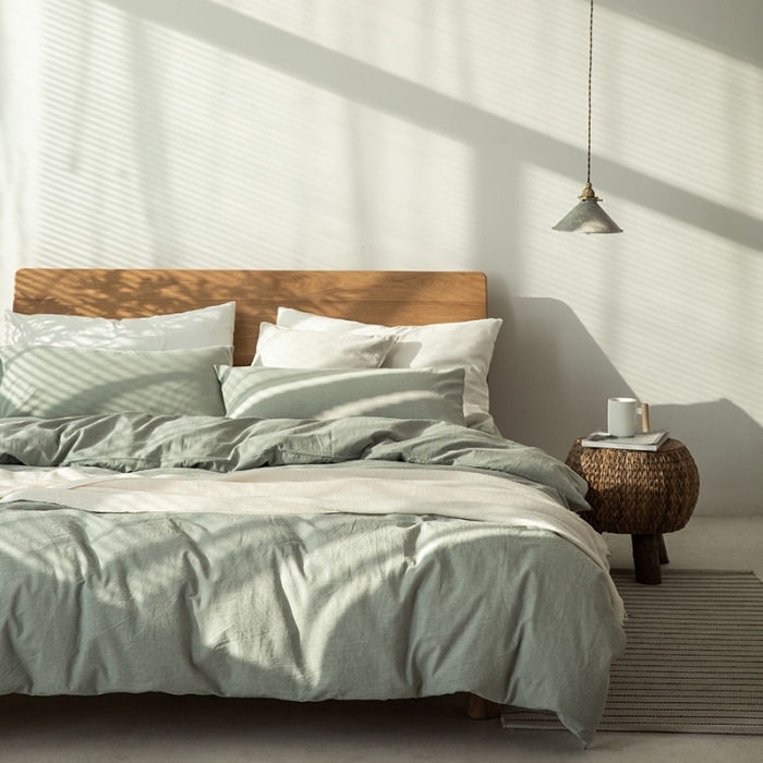 91家纺网 家纺一手货源 找家纺 棉邦 2020新款全棉色织水洗棉四件套日式简约系列 水绿