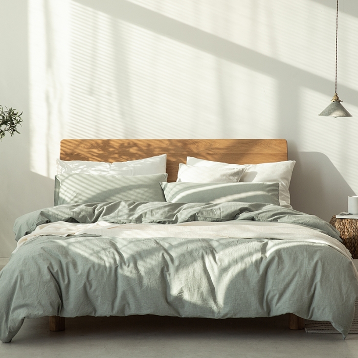 91家纺网 家纺一手货源 找家纺 棉邦 2020新款全棉色织水洗棉四件套日式简约系列 水绿