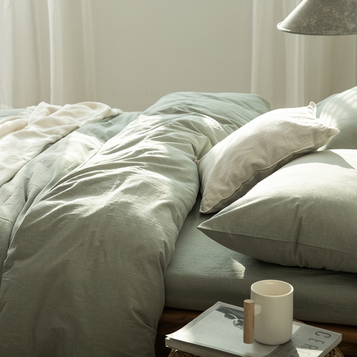 91家纺网 家纺一手货源 找家纺 棉邦 2020新款全棉色织水洗棉四件套日式简约系列 水绿