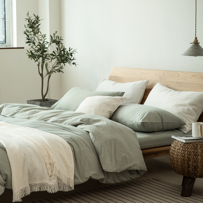 91家纺网 家纺一手货源 找家纺 棉邦 2020新款全棉色织水洗棉四件套日式简约系列 水绿