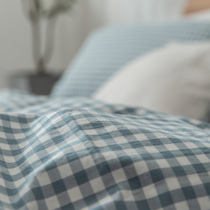 91家纺网 家纺一手货源 找家纺 棉邦 2020新款全棉色织水洗棉四件套日式简约系列 天蓝小格