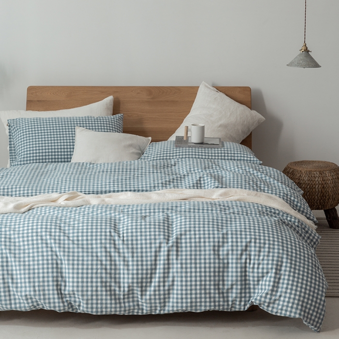 91家纺网 家纺一手货源 找家纺 棉邦 2020新款全棉色织水洗棉四件套日式简约系列 天蓝小格