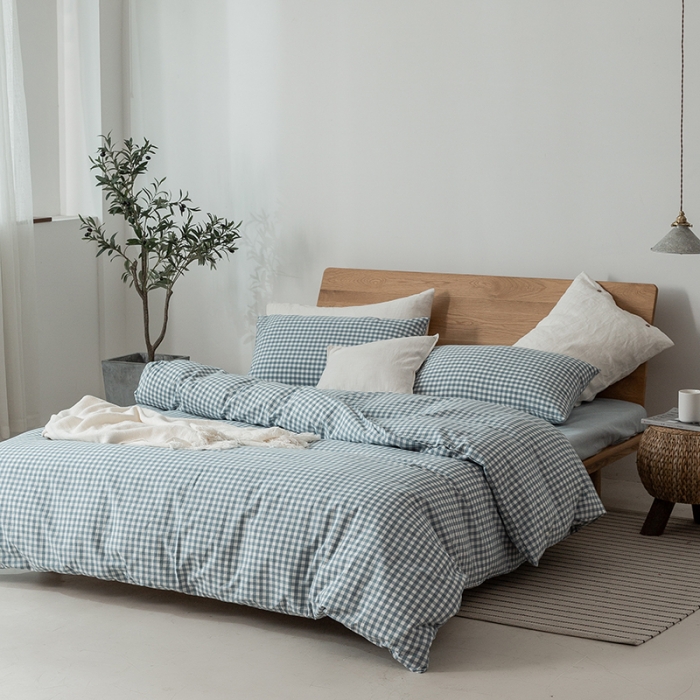 91家纺网 家纺一手货源 找家纺 棉邦 2020新款全棉色织水洗棉四件套日式简约系列 天蓝小格