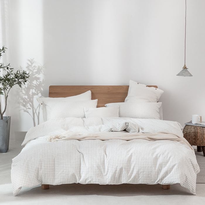 91家纺网 家纺一手货源 找家纺 棉邦 2020新款全棉色织水洗棉四件套日式简约系列 小白格