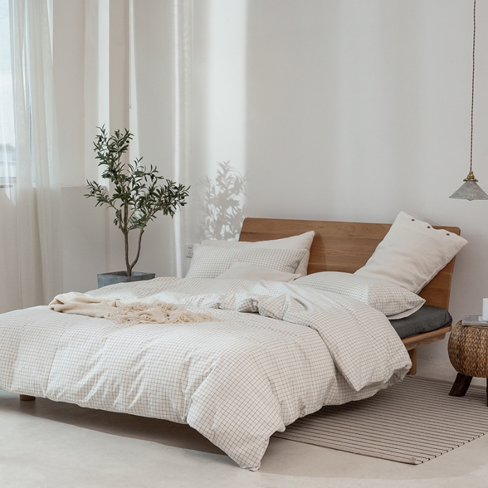 91家纺网 家纺一手货源 找家纺 棉邦 2020新款全棉色织水洗棉四件套日式简约系列 小白格