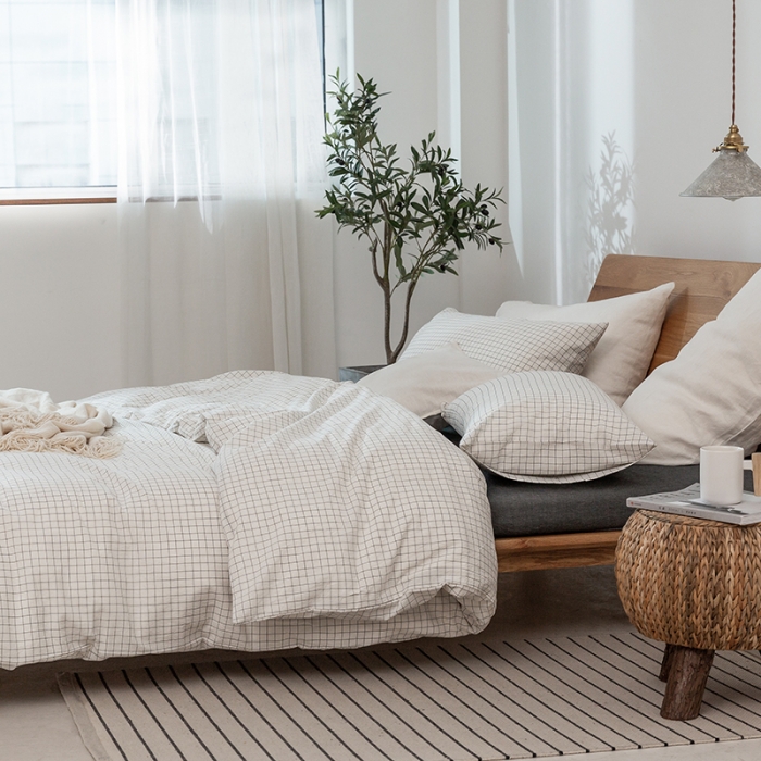 91家纺网 家纺一手货源 找家纺 棉邦 2020新款全棉色织水洗棉四件套日式简约系列 小白格