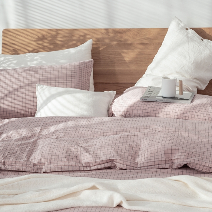 91家纺网 家纺一手货源 找家纺 棉邦 2020新款全棉色织水洗棉四件套日式简约系列 小粉格