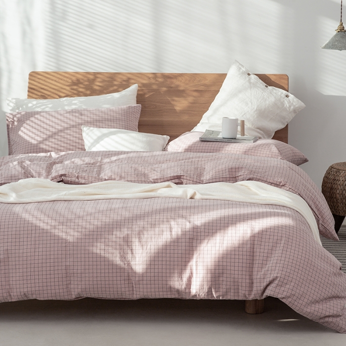 91家纺网 家纺一手货源 找家纺 棉邦 2020新款全棉色织水洗棉四件套日式简约系列 小粉格