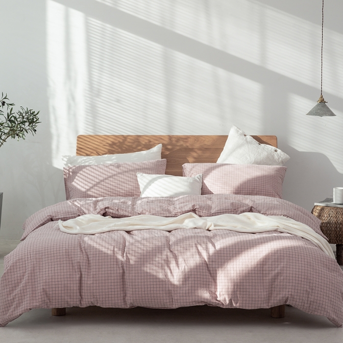 91家纺网 家纺一手货源 找家纺 棉邦 2020新款全棉色织水洗棉四件套日式简约系列 小粉格