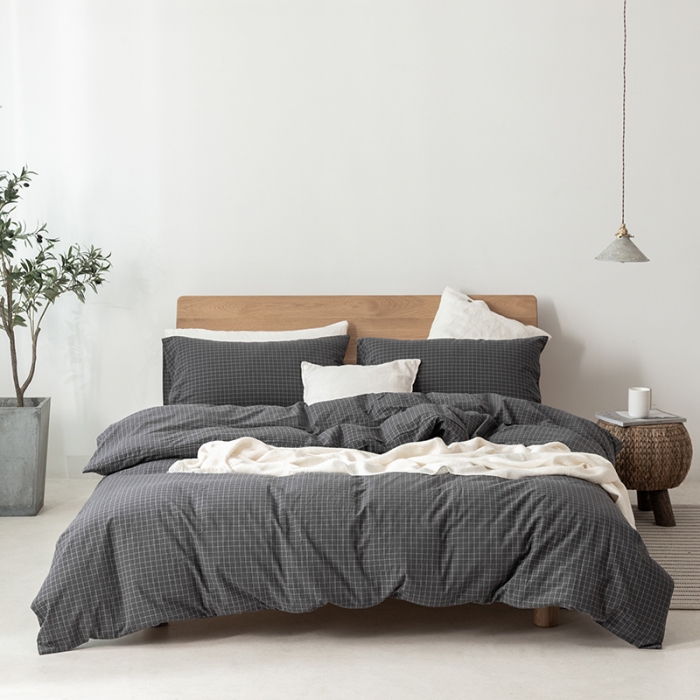 91家纺网 家纺一手货源 找家纺 棉邦 2020新款全棉色织水洗棉四件套日式简约系列 小灰格