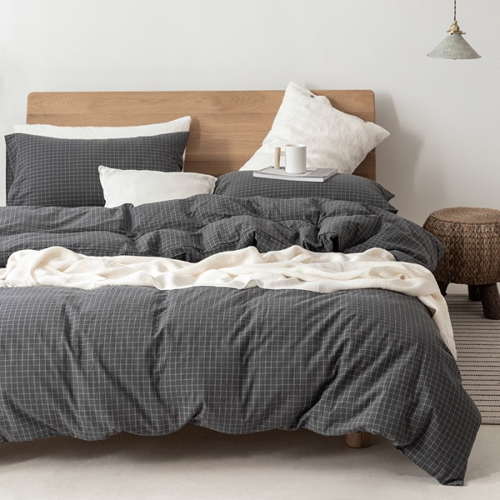 91家纺网 家纺一手货源 找家纺 棉邦 2020新款全棉色织水洗棉四件套日式简约系列 小灰格