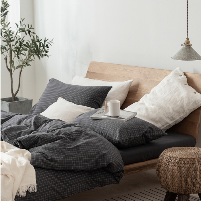 91家纺网 家纺一手货源 找家纺 棉邦 2020新款全棉色织水洗棉四件套日式简约系列 小灰格