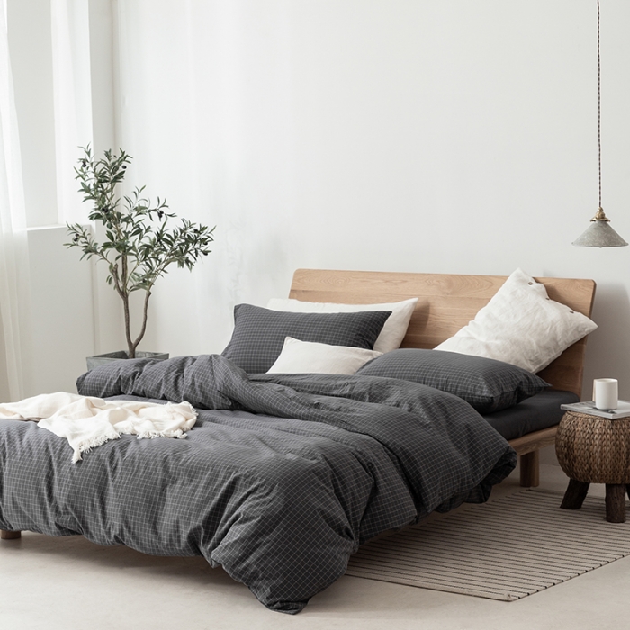 91家纺网 家纺一手货源 找家纺 棉邦 2020新款全棉色织水洗棉四件套日式简约系列 小灰格