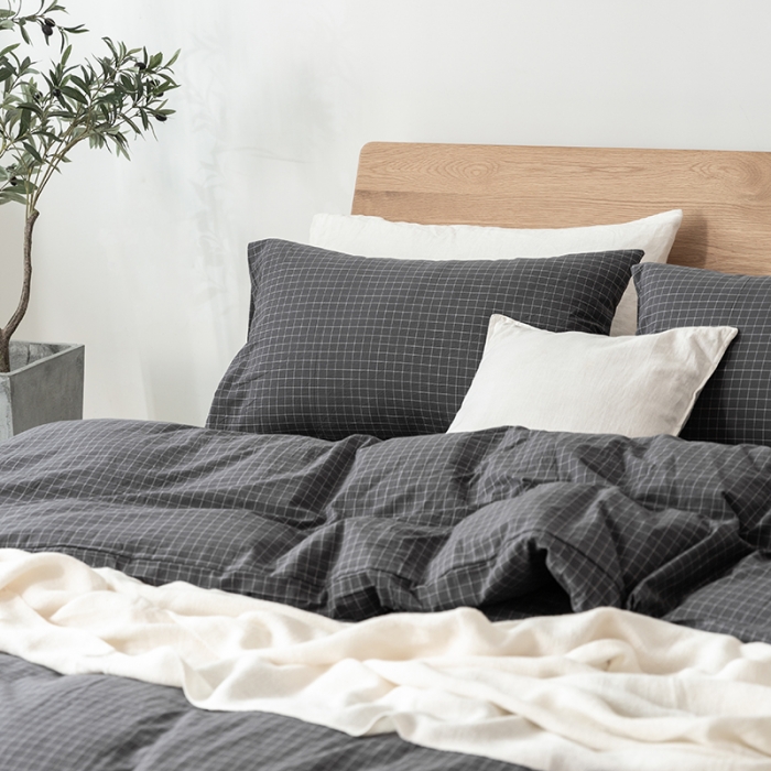 91家纺网 家纺一手货源 找家纺 棉邦 2020新款全棉色织水洗棉四件套日式简约系列 小灰格