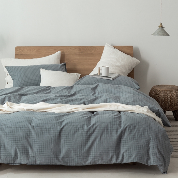 91家纺网 家纺一手货源 找家纺 棉邦 2020新款全棉色织水洗棉四件套日式简约系列 小蓝格