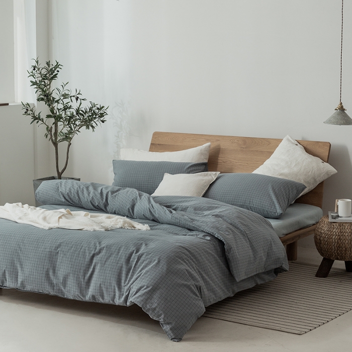 91家纺网 家纺一手货源 找家纺 棉邦 2020新款全棉色织水洗棉四件套日式简约系列 小蓝格