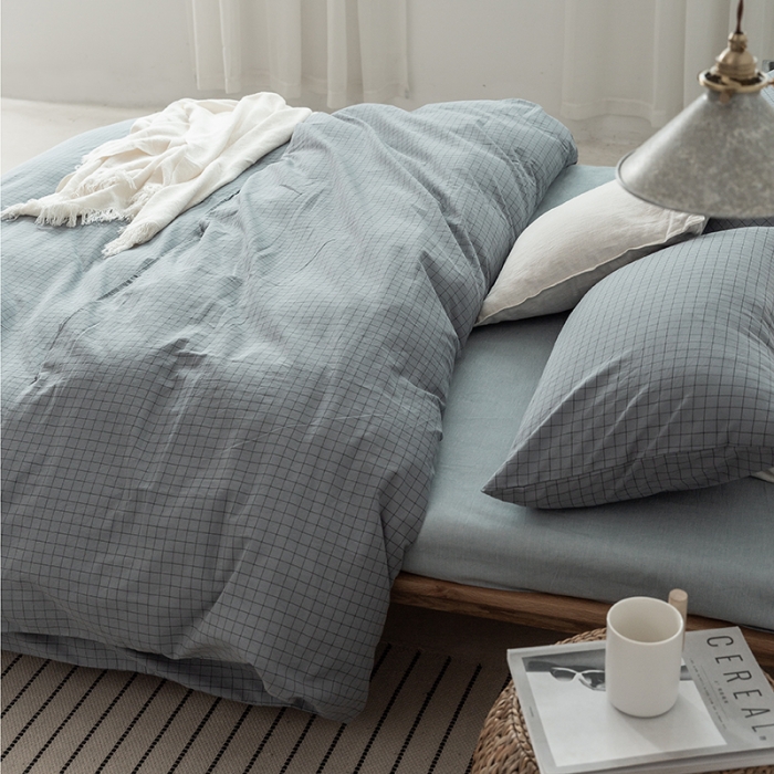 91家纺网 家纺一手货源 找家纺 棉邦 2020新款全棉色织水洗棉四件套日式简约系列 小蓝格