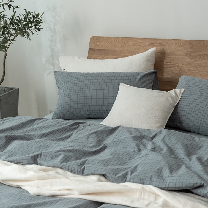 91家纺网 家纺一手货源 找家纺 棉邦 2020新款全棉色织水洗棉四件套日式简约系列 小蓝格