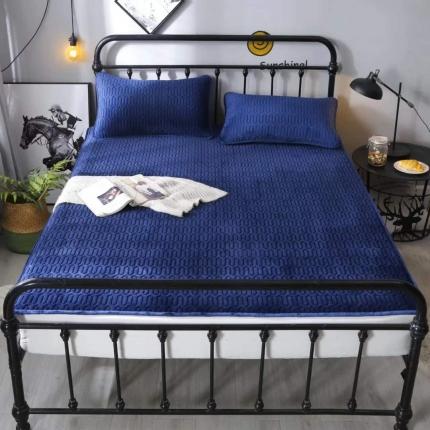 野马家纺 2020新款水晶绒乳胶保暖床垫三件套 深蓝色