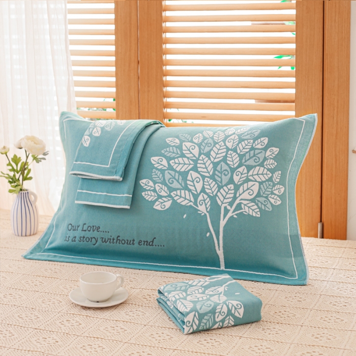 91家纺网 家纺一手货源 找家纺 朴尔 2020新款三层纱布枕巾 发财树-绿