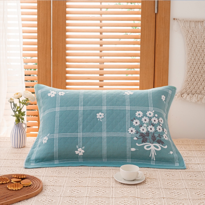 91家纺网 家纺一手货源 找家纺 朴尔 2020新款三层纱布枕巾 手捧花-绿