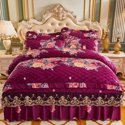 宜凡家纺 2021新款水晶绒夹棉绗缝被套四件套 百花争艳