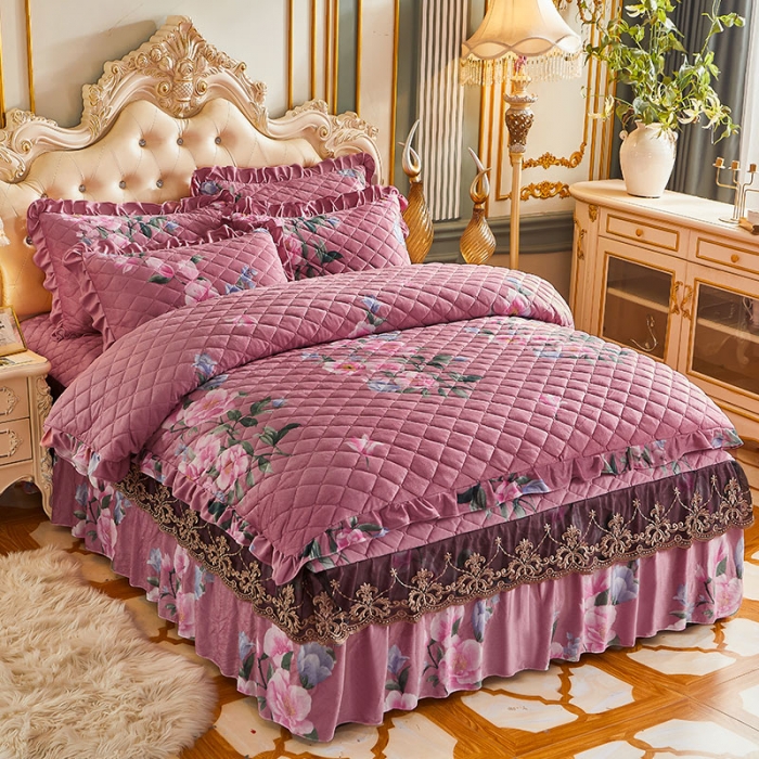 91家纺网 家纺一手货源 找家纺 宜凡家纺 2021新款水晶绒夹棉绗缝被套四件套 姹紫嫣红