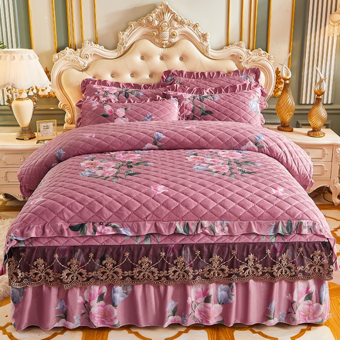 91家纺网 家纺一手货源 找家纺 宜凡家纺 2021新款水晶绒夹棉绗缝被套四件套 姹紫嫣红