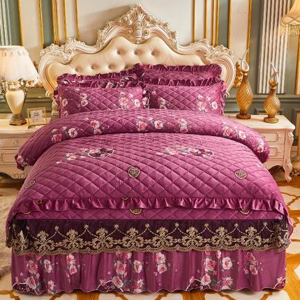 宜凡家纺 2021新款水晶绒夹棉绗缝被套四件套 粉黛