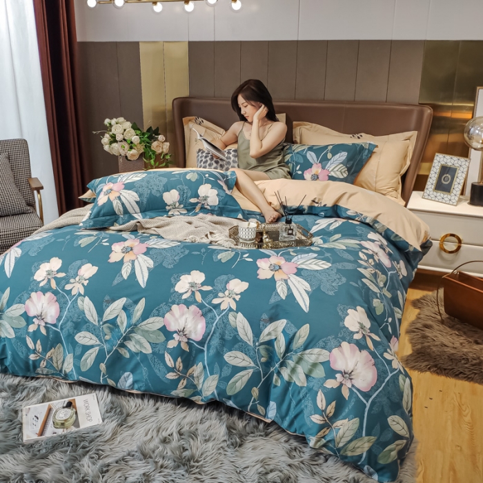 91家纺网 家纺一手货源 找家纺 由丽 新款精疏臻棉喷气全棉四件套“ 被套放预缩” 月韵绿