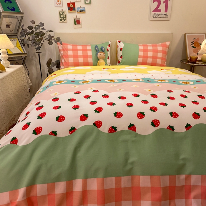 91家纺网 家纺一手货源 找家纺 琪格格 2022新款全棉加厚磨毛四件套 草莓派对