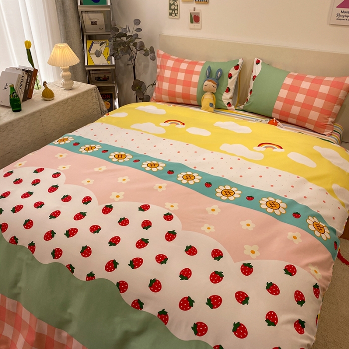 91家纺网 家纺一手货源 找家纺 琪格格 2022新款全棉加厚磨毛四件套 草莓派对