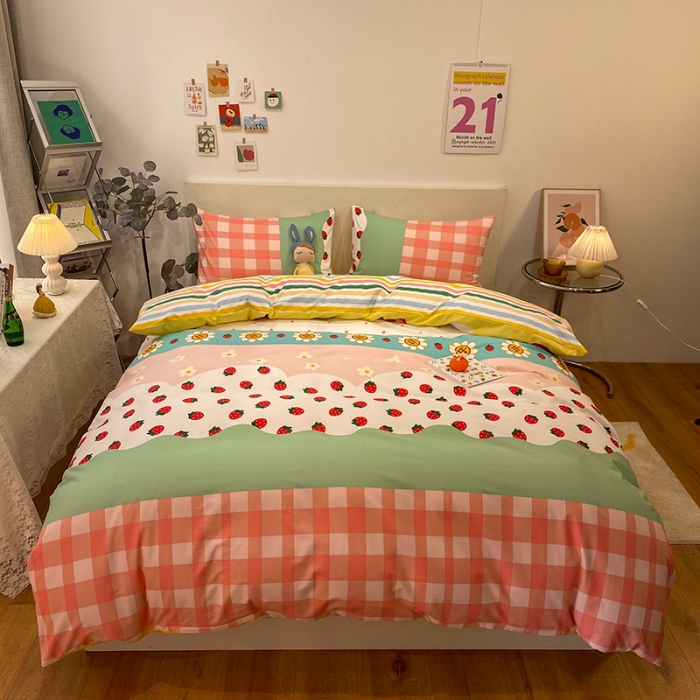 91家纺网 家纺一手货源 找家纺 琪格格 2022新款全棉加厚磨毛四件套 草莓派对