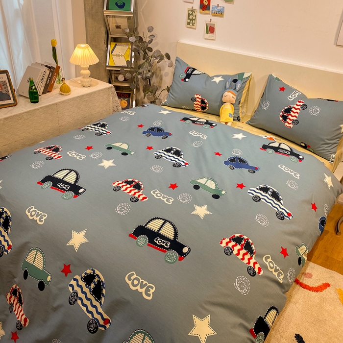 91家纺网 家纺一手货源 找家纺 琪格格 2022新款全棉加厚磨毛四件套 汽车总动员