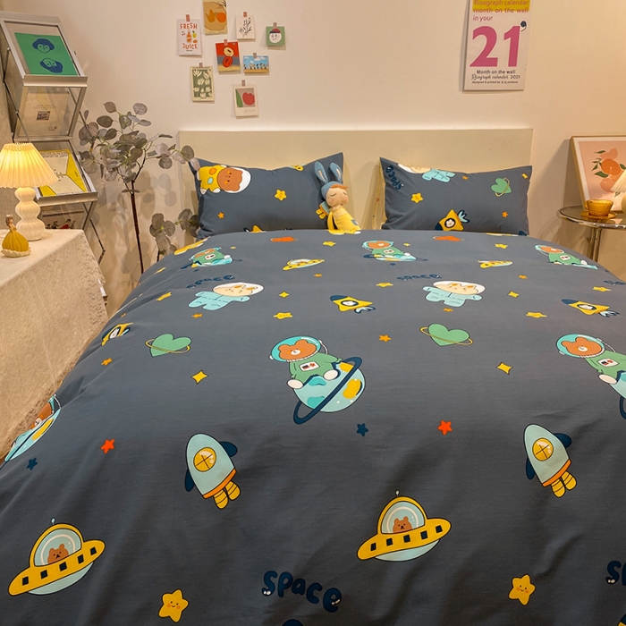 91家纺网 家纺一手货源 找家纺 琪格格 2022新款全棉加厚磨毛四件套 宇宙流量熊蓝