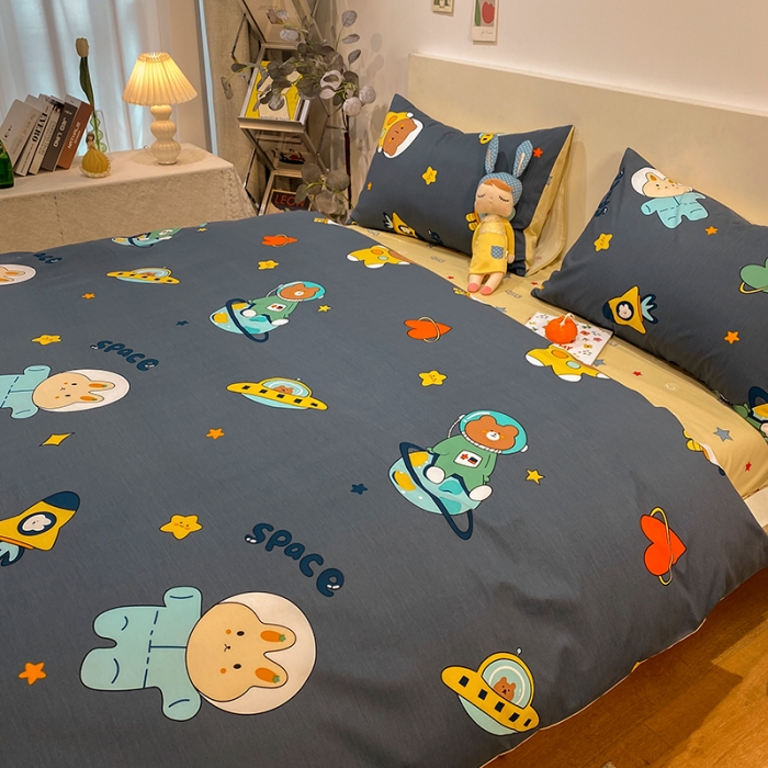 91家纺网 家纺一手货源 找家纺 琪格格 2022新款全棉加厚磨毛四件套 宇宙流量熊蓝