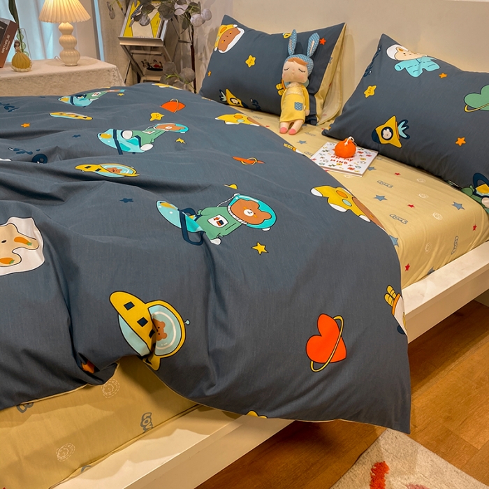 91家纺网 家纺一手货源 找家纺 琪格格 2022新款全棉加厚磨毛四件套 宇宙流量熊蓝