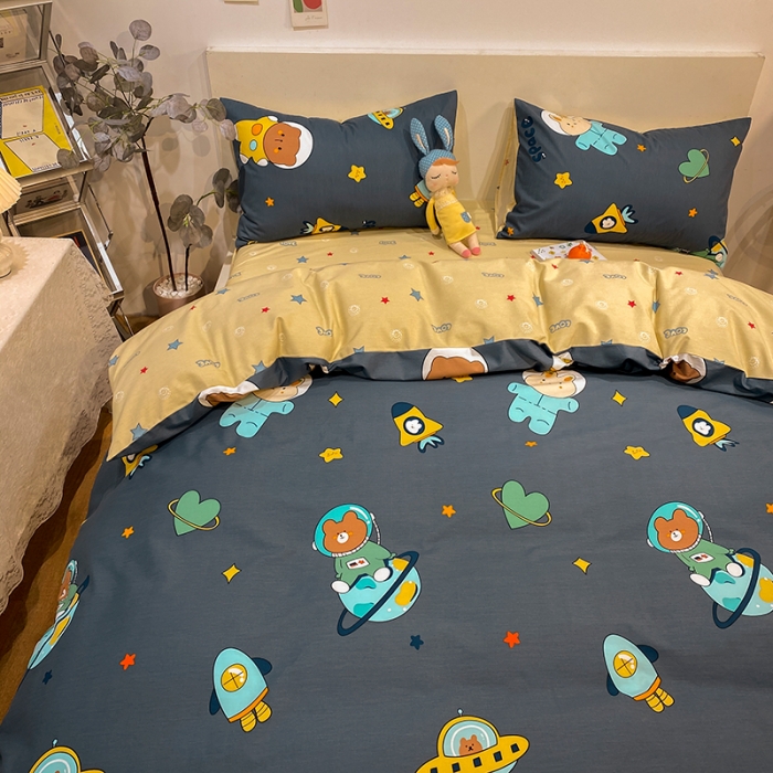 91家纺网 家纺一手货源 找家纺 琪格格 2022新款全棉加厚磨毛四件套 宇宙流量熊蓝